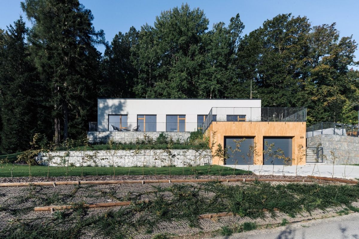Exteriér domu obklopený zeleňou, so stenou z kameňa a veľkými oknami.
